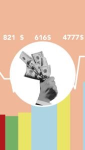 illustration of businessman with money above graph
