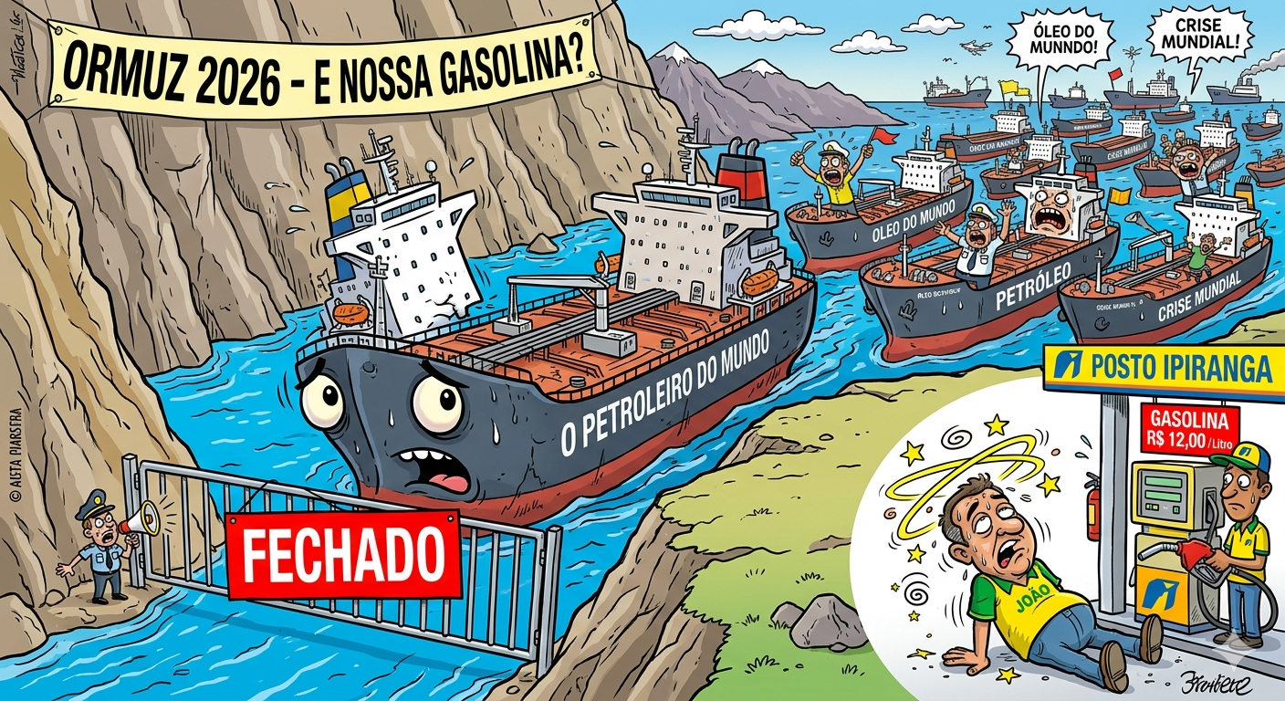 Charge humorística sobre o Estreito de Ormuz 2026 e o preço da gasolina no Brasil